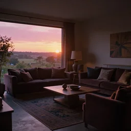 sunset in a tastefully decorated living room with dark luxurious furnishings, and a mix of antique and modern furniture, and a mix of concrete and wood finishes, soft focus cinematic still, dark dreamy golden magenta dappled light by maxfield parrish