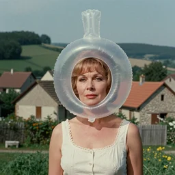 1976 glamorous middle aged woman wearing a transluscent inflatable toy head in a small European village 1976 French film archival footage technicolor film expired film 16mm Fellini Doris Wishman new wave John Waters movie still