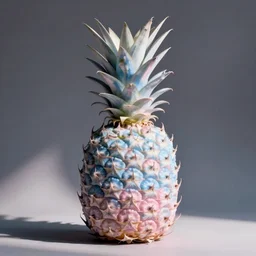 a pineapple with pastel pink, pastel blue and white stripes