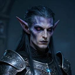 head and shoulders portrait of an eldritch knight, drow, dark elf, shadar kai, male, breastplate, magical, high fantasy, d & d, by donato giancola, face details, extremely detailed, vogue fashion photo