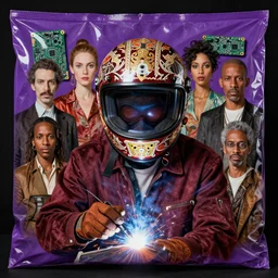 portrait of a caribbean welder in ornate motorcycle helmet, background purple plastic bag, circuitboard, rich deep colors, ultra detail, by francis bacon, james ginn, petra courtright, jenny saville, gerhard richter, zdzisaw beksinsk, takato yamamoto. stanley kubrick mood, masterpiece, elegant fashion, studio ighting, 3 5 mm