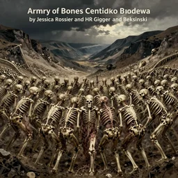 army of bones forming, prophecy, moody, amazing concept painting, art station, by Jessica Rossier and HR giger and Beksinski, the middle of a valley; it was full of bones,  bones that were very dry, there was a noise, a rattling sound, and the bones came together, bone to bone , I looked, and tendons and flesh appeared on them and skin covered them, but there was no breath in them and breath entered them, they came to life and stood up on their feet a vast army