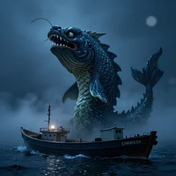 high quality photo of Umibozu the japanese sea monster scary foggy night at sea boat next to it , photography 4k, f1.8 anamorphic, bokeh, 4k, Canon,