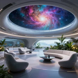 ultra modern concept design of a vast spaceship interior, futuristic chairs and sofas can be seen in the foreground, a large colorful nebula can be seen from a window, large plants in the background, futuristic sci-fi game concept, wide angle shot