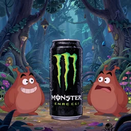 Movie frame from the one big edgy Monster Energy drink coloured Disney animated motion picture released in 1937, beautiful enchanted forest full of villainous Monster energy drink critters, directed by Walt Disney energy drink, highly detailed background paintings by Thomas Kinkade