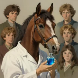 an elegant horse dressed as a scientist holds a modern transparent little bottle filled with vivid blue iridescent liquid, art highly detailed, art by studio ghibli and j. c. leyendecker and greg rutkowski and artgerm and ilya kuvshinov and aenaluck, portrait, d & d, fantasy, highly detailed, digital painting, headshot, concept art,