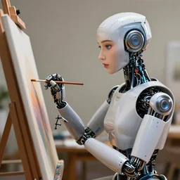 a beautiful android robotic artist using paint brushes on a canvas, beautiful digital art, artstation cgsociety highly - detailed masterpiece