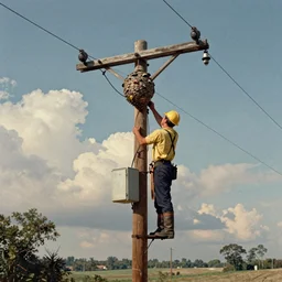 A lineman working on a utility pole (telephone pole), a wasp nest on the pole. painting, commercial illustration, 1960s,