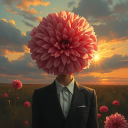 giant carnation flower head, frontal, girl in a suit, surreal photography, sunrise, dramatic light, impressionist painting, digital painting, artstation, simon stalenhag