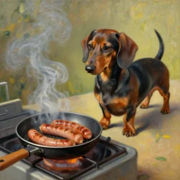 beautiful impressionist painting of a dachshund cooking some sausages on a pan