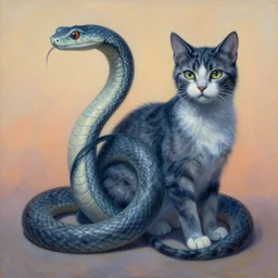 painting of hybrid, snake!!! and ( ( ( ( cat ) ) ) ) fused together, intercrossed animal, by zdzislaw beksinski, by lewis jones, by mattias adolfsson, cold hue's, warm tone gradient background, concept art, digital painting