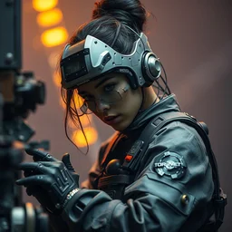 a barefoot rugged engineer zendaya girl with cybernetic enhancements working assembling a satellite, scifi character portrait by greg rutkowski, esuthio, craig mullins, 1 / 4 headshot, cinematic lighting, dystopian scifi gear, gloomy, profile picture, mechanical, half robot, implants, steampunk