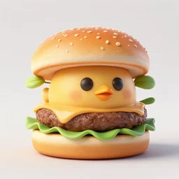 3D render of a small chicken inside a hamburger, food photography, studio lighting, highly detailed
