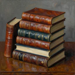 still life, leather bound books piled on a table, by cezanne,