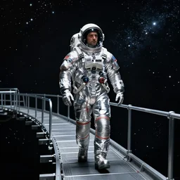 man in silver space suit, walking on an industrial catwalk suspended in the darkness of space, surrounded by stars, realistic illustration