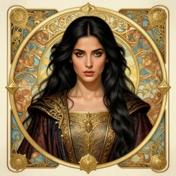 head-on symmetrical centered painted portrait, Mahira Khan as a D&D wizard mage, black hair, no hands, ornate mage robes, art nouveau, tarot card style, fantasy, intricate, elegant, highly detailed, smooth, sharp focus, illustration, artstation, in the style of Artgerm and Anna Podedworna and Alex Ross and Mucha