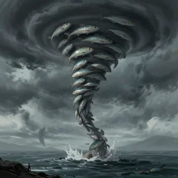 tornado made of fishes illustration artwork cgart trending on artstation by jean giraud cinematic