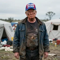 homeless Donald Trump in a homeless camp, wearing cheap dirty clothes and maga hat, dirty Donald trump