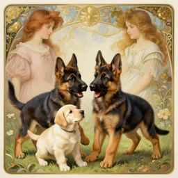 german shepherd puppies playing with labrador retriever puppies, portrait, elegant, intricate, digital painting, artstation, concept art, smooth, sharp focus, illustration, art by artgerm and greg rutkowski and alphonse mucha