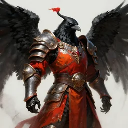 crow warrior in heavy armor. black wings. red and orange clothes. digital painting, hd, ultra - detailed.