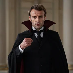 emmanuel macron as dracula, vampire, macron, eerie, cinematic, movie still, emmanuel macron, fantasy, natural light, ray tracing, natural light