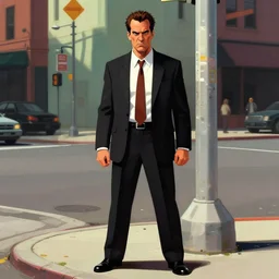 film still from sin city, portrait an angry business man standing on a street corner, detailed illustration, digital art, trending on artstation, frank miller, martin ansin,,