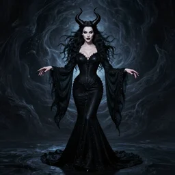 style of gerald brom : : gorgeous willa holland : : evil witch, swirling black magic, black dress : : symmetrical face, symmetrical eyes : : full body pose : : gorgeous black hair : : magic lighting, low spacial lighting : :