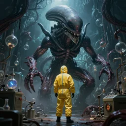a lone. man in a yellow hazmat suit looks on helplessly as a huge alien meat monster grows out of control in a creepy underground science lab