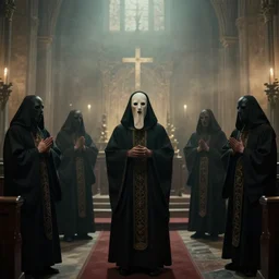 a cultist ceremony, cultists with robes and masks, church interior, satanic church interior, the fog. horror lighting, found footage