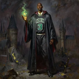 portrait of boston celtics kevin garnett as a wizard at hogwarts, full body, mystical, magic, wizard, oil on canvas by william sidney mount, award winning