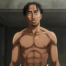 a still of tupac shakur shirtless in attack on titan anime series, 8 k resolution. tupac