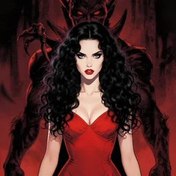 artgerm, joshua middleton comic cover art, pretty alyson hannigan, evil dead demon, evil dead movie, red dress, symmetrical eyes, symmetrical face, long curly black hair, cinematic lighting, evil dead creature