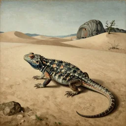 A hieronymus bosch painting of a strange lizard wandering through a desert