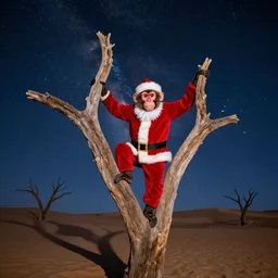 monkey dressed as santa climbing a dead tree in the dessert, galaxy in background, night time