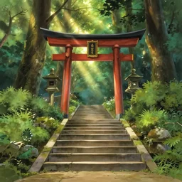 stairs leading to a shrine in a forest, in anime style, crepuscular rays, by studio ghibli