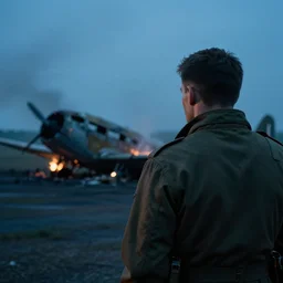 a photograph of a ww 2 airmen pilot from behind. in the background there is a burned down plane with smoke and fire. blue hour. dusk light. nolan style. cinematic shot. cinematography. detailed. hq. in - frame. imax. anamorphic film. anamorphic bokeh. helios 4 4 m.