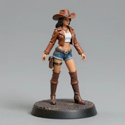 80mm resin detailed miniature of a cow girl, Short brown leather jacket, ten-gallon hat,  over-knee boots, navel, olive thigh skin, on textured disc base; Miniature product Introduction Photos, 4K, Full body; Side view