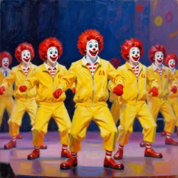 highly detailed painting of a group of ronald mcdonalds with red afros, white facepaint, red noses and yellow tracksuits dancing on stage at a school talent show by william turner, by greg rutkowski, by william constable, thick brush strokes and visible paint layers, 4 k resolution