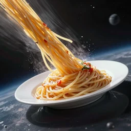 a plate of spaghetti frozen flying through space close to the speed of light