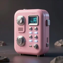 a high fidelity anthropomorphic object of unknown origin - designed to store and recycle positive intent. faded pastel pink plastic, chrome, led, buttons, switches, display.