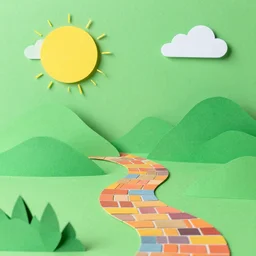 paper craft, green textured hills and yellow sun graphic with white clouds and a colorful brick road, behance