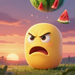 personified Angry Emoji looking at the sunset as watermelon rains from the sky, digital art