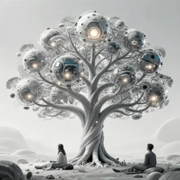 high depth, collective civilization tree, calm, healing, resting, life, hybrids, scifi, glowing lights!!, published concept art, mixed medias, image overlays, sharp focus, thin glowing wires, winning illustration, art by greg rutkowski and alphonse mucha, singularity!!!, 3 6 0 projection
