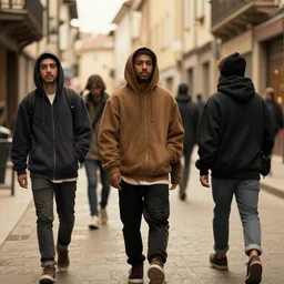 people wearing cap hoodies, streetware, in the streets in renaissance painting style