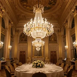 ornate dining hall, secret society, illuminati, chandelier, massive, beautiful