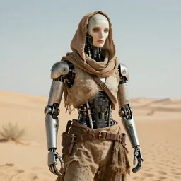 a detailed portrait of a vagabond robot in dessert rags, 4 k, sci - fi, advanced technology, ai, human features, human shape