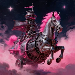 space, a big horse - drawn, a mechanical horse with a pink mohawk drives a pirate spaceship, punk, hyperdetailed illustration, stars, pink, neon, oil painting, rich deep colors masterpiece, pirate neon ship, ultra detailed, contrast, heaven pink, clouds, volumetric light, atmospheric lighting, dramatic, cinematic, moody, octane render 4 k, 8 k