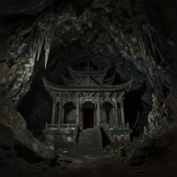 A  temple, lost in a cave, stalactites and stalagmites. Underexposed, dark. Atmospheric matte painting by Darek Zabrocki and Christophe Vacher