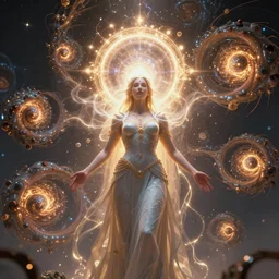a centered render of a goddess emitting a glorious energy from a circular portal on her head and is surrounded by spiral mandel bulb fractals, powerful, cinematic, beautifully lit, by artgerm, by h. r. giger, 3 d, trending on artstation, octane render, 8 k