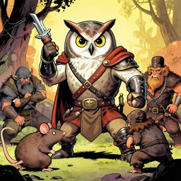 graphic novel about grumpy owl mercenary fighting with rat barbarians, colourful, by by artgerm and greg rutkowski and ruan jia